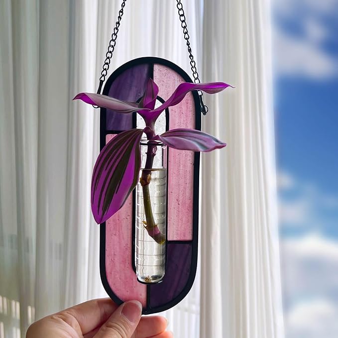 LITMIND Plant Propagation Station, Hanging Hydroponic Planter Terrarium with Vibrant Stained Glass Suncatcher Elements - Perfect for Home & Garden Decor, Includes 2 Glass Propagation Tubes