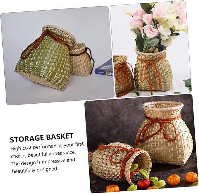 Zerodeko 1pc Bamboo Basket Seagrass Basket Woven Baskets Rustic Wicker Vase Rattan Plant Container Round Storage Basket French Bucket Vase Basket for Fruit Woven Flower Container Fruit Vase