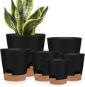 YNNICO Indoor Self Watering Planters with Drainage Holes and Saucers, 8, 7, 6.5, 6, 5.5, 5 Inches, Black, 6 Pots