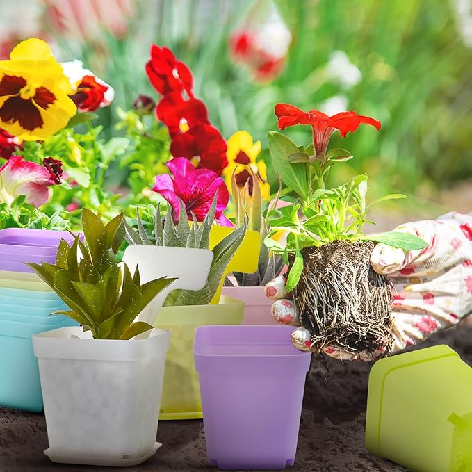 Zubebe 140 Pcs 3 Inch Plastic Plant Pots Square Seedling Nursery Pots Reusable Small Plant Pots with Saucers 140 Pcs Waterproof Plant Labels T Type Plant Tags Marking Pen for Garden Balcony Office