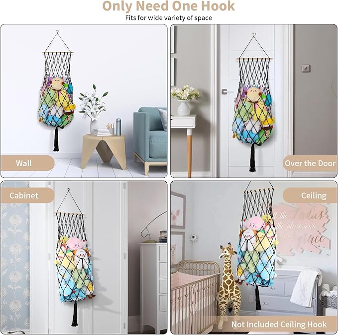 Stuffed Animal Storage Net, 68 Inch Jumbo Macrame Vertical Stuffed Animals Hammock Corner, Wall Ceiling Hanging Stuffy Hammock Plushie Holder Display for Kid Boy Girl Gift Boho Nursery Decor (Black)