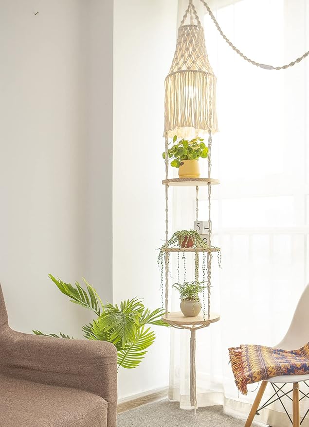 YKBU Macrame Plant Hanger Shelf Hanging Rope Shelf Indoor with Boho Lamp Shade 3 Tier Floating Round Shelves Decorative Shelf Flower Pot Holder Planter Display Rack Boho Home Decor-1 Set
