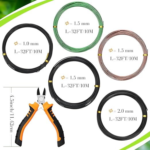 Mudder 5 Roll Aluminum Bonsai Training Wire Tree 160 Feet Total with Bonsai Wire Cutter Anodized Training for Holding Branches Small Trunks(1/1.5/2.0mm,Classic)