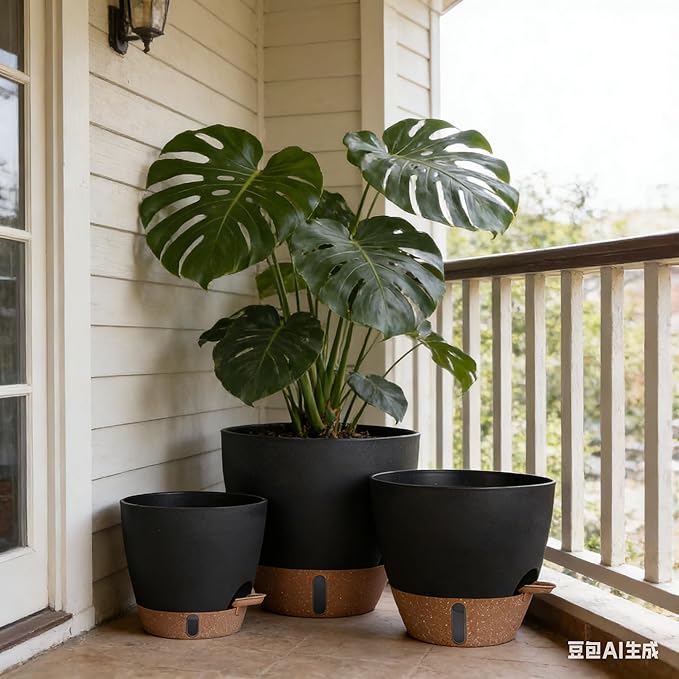 HEJIYUE Large Plant Pot, Self Watering Pots for Indoor Plants, 8/10/12 Inch Plastic Planters with Water Level Indicator, Drainage Holes & Deep Reservoir, Modern Decorative Flower Pot (Black)