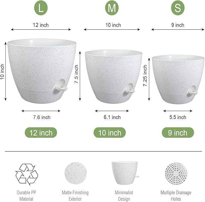 UOUZ Large Self Watering Pots, 12/10/9 Plastic Planters with High Drainage Holes and Deep Reservoir for Indoor Outdoor Garden Plants and Flowers, White Speckles