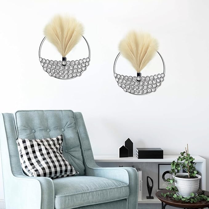 2 Pcs Boho Wall Decor Hanging Planters with Artificial Pampas Bling Jeweled Wall Mounted Metal Decor Modern Home Decor Display Wall Art for Bedroom Bathroom Living Room