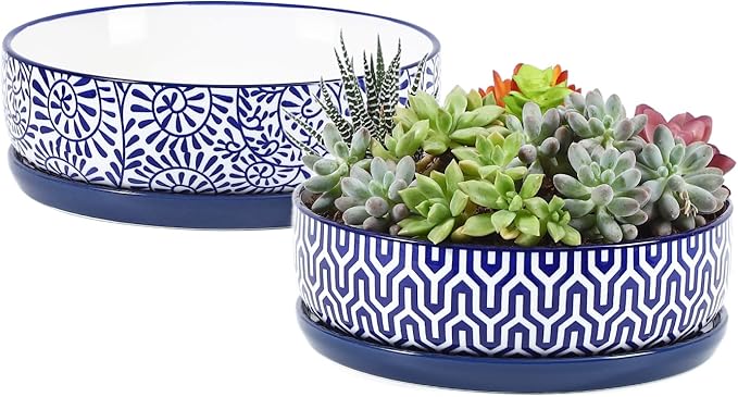 Selamica Ceramic Succulent Pots, Shallow Succulent Planters with Drainage Hole & Saucer, Indoor Plant Pots for Cactus, Home Decor，Vintage Blue, 8 inch，Set of 2