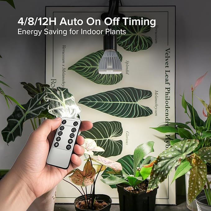 Dimmable Grow Light Bulb, Full Spectrum with Remote Control, Auto On Off Timing 4 8 12 Hrs, 32W PAR20 (350 Watt Equiv) Grow Lamp with Optical Lens for High PPFD, Energy Saving for Indoor Plants