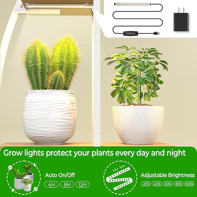 Plant Stand Shelf Indoor with 6 Grow Light, 7 Tiered 65" Tall White Large Half Moon Lighted Plant Rack Holder, 2 Pack Big High Circular Arch Multi Herb Stand with Built in LED Grow Light Set