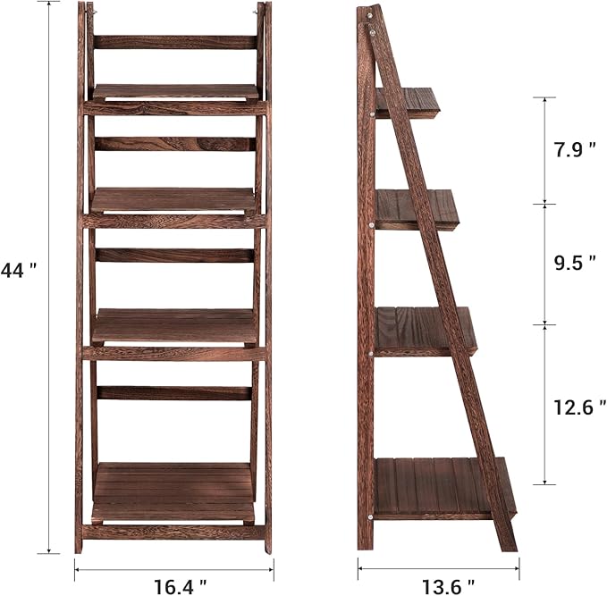 Funkeen 4 Tier Wooden Ladder Shelf, Decorative Freestanding Leaning Display Bookshelf, Folding Indoor & Outdoor Plant Stand Rustic Storage Rack Shelves for Living Room, Bathroom, Balcony, Kitchen