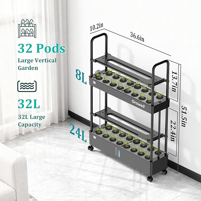 Growell Large Basket Hydroponics Growing System Kit, 32 Pods Vertical Hydroponic Garden with 2 Grow Light Modes, Auto Circulating Water System, 32L Indoor Gardening System for Herb Vegetable Fruit