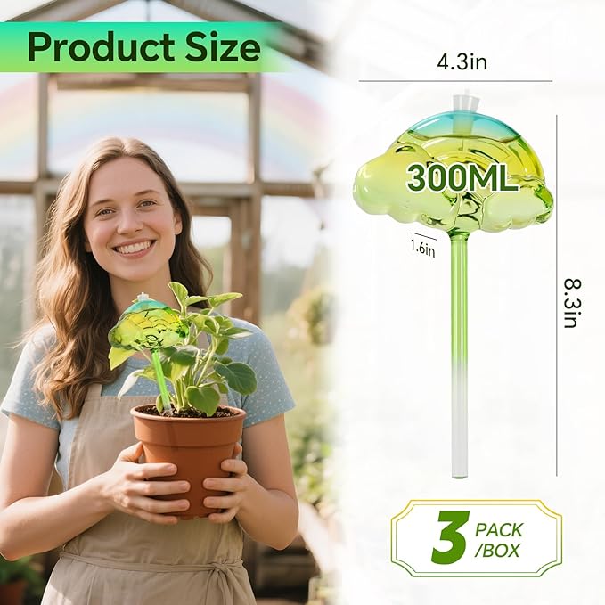 Plant Watering Globes Set of 3 - Large Self Watering Planter Insert for Indoor & Outdoor Plants - Automatic, Glass Watering Bulbs for Daily Use, Plant Watering Devices(Green Rainbow)
