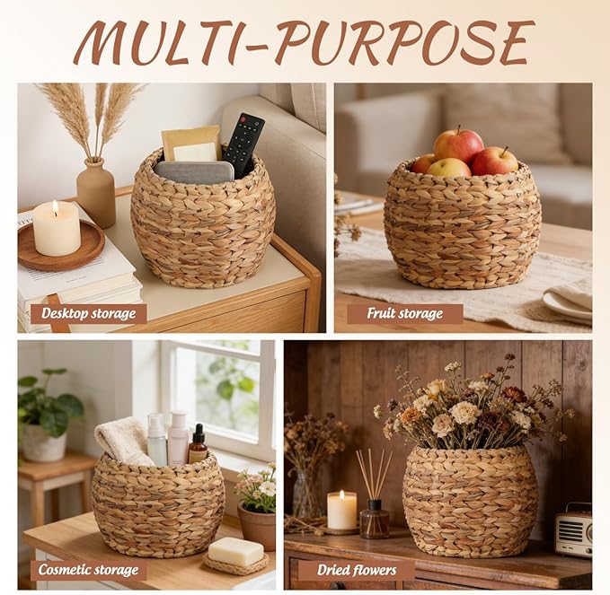 Cabilock Handwoven Hyacinth Planter Basket, Natural Woven Rattan Storage Basket for Small Plants, Eco-Friendly Indoor & Outdoor Decorative Pot Cover for Farmhouse, Boho Home Decor