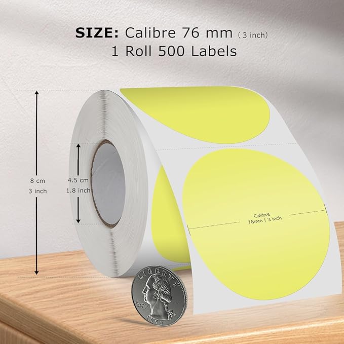 Yellow Round Thermal Labels 3 Inch Vinyl Circle Waterproof Direct Printer Sticker Self-Adhesive Perforated Name Tag for Logo DIY QR Design Office Address 500 PCS