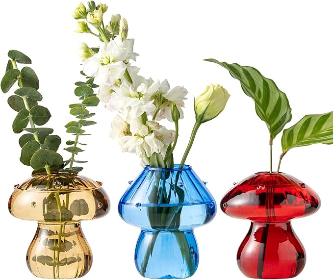 Mushroom Vases, Set of 3 Colored Plant Propagation Station, Mushroom Propagation Vase, Mini Terrarium for Plants, Cute Glass Hydroponic Vase for Flowers, Gifts for Women, Plant Lover (3)
