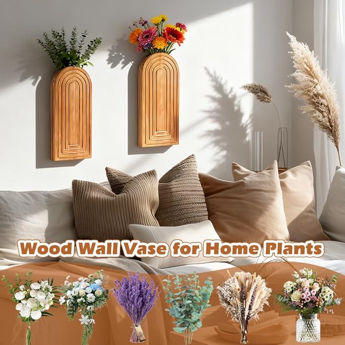 Set of 2 Wooden Wall-Mounted Vases for Dried Flowers, Boho Hanging Planters with Invisible Nails, Modern Farmhouse Home Decor for Living Room, Bedroom, Entryway, Bathroom