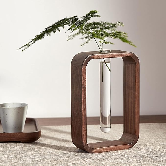 Transprent Glass Vase Test Tube Vase Hydrophilic Plants Vase Plant Holder Walnut Wooden Frame Flower Stand Table Garden Bonsai Decor,Gifts for Women, Home Office Decor Planter (Small)