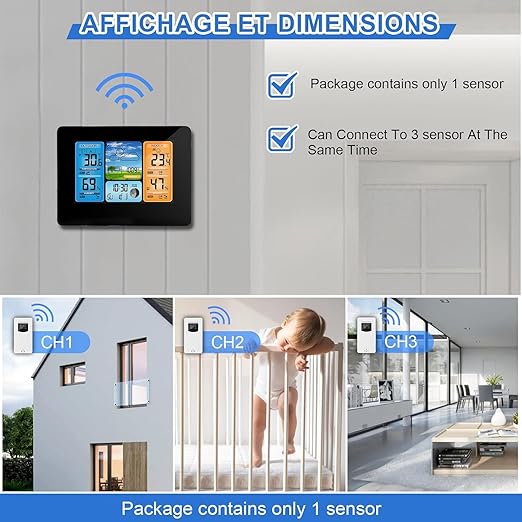 ALLOMN Weather Station Wireless Indoor Outdoor Thermometer, Color Display Digital Thermometer with Remote Sensor, Home Weather Station with Barometer Dual Alarm Clock, Forecast Station, Black