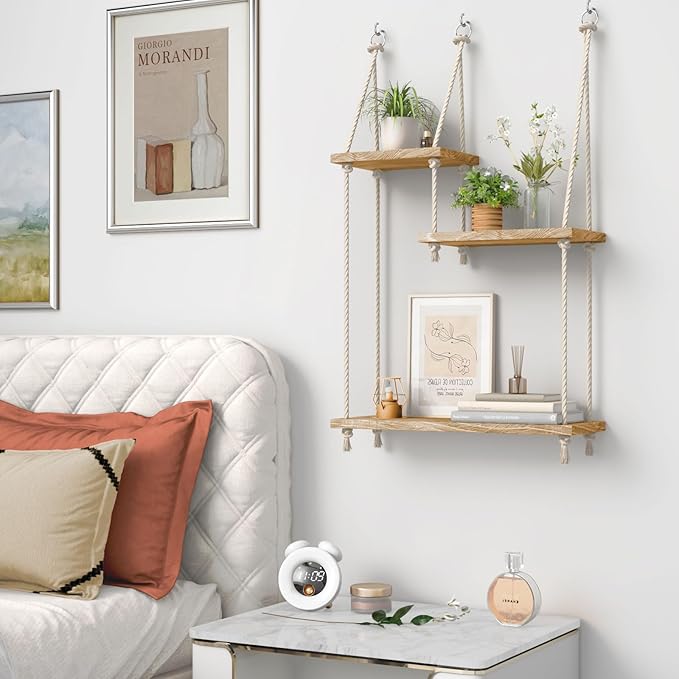 Hanging Shelves for Wall,Macrame Hanging Plant Shelf with Vine Lights 3 Tier Rope Floating Shelf Wood Organizer Storage Rack Boho Wall Decor Aesthetic for Succulents Bedroom Bathroom Kitchen