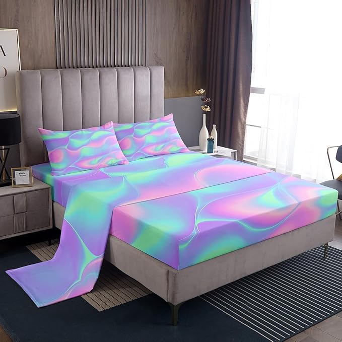 Feelyou Kid’s Bed Sheet Set Girls Chic Bright Colorful Abstract Soft Twin Bedding Set, 1 Flat Sheet,1 Deep Pocket Fitted Sheet, and 1 Pillow Case, Super Soft Easy Care, Teens Women Bedroom Decor