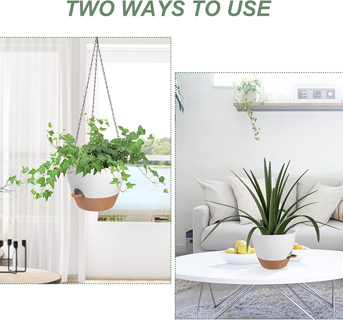 Vanslogreen Hanging Planters for Indoor Outdoor Plants, 2 Pack Self Watering Hanging Pot with Drainage Holes & Removable Tray (White, 8'')