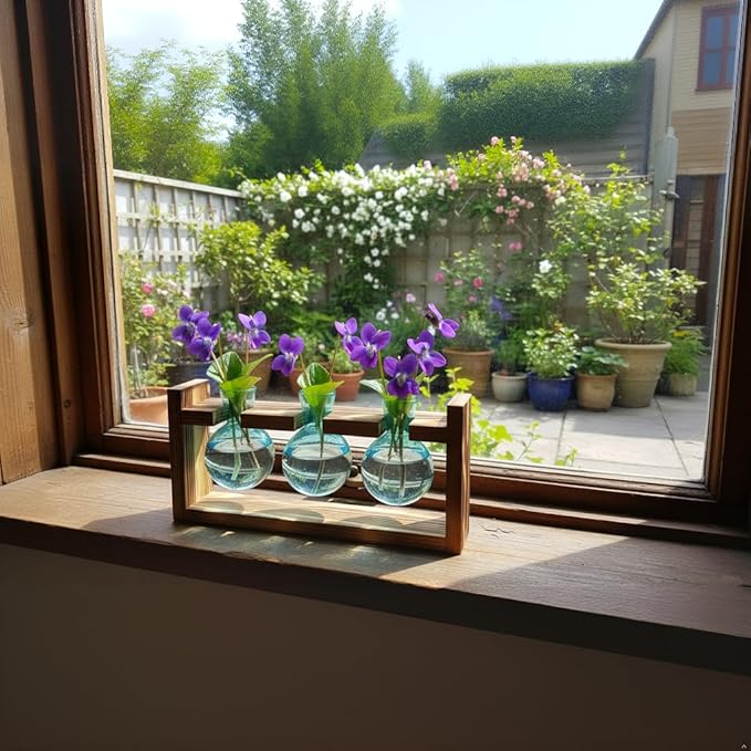 XXXFLOWER Propagation Station with Wooden Stand, 3 Bulb Glass Vase Plant Terrarium for Hydroponics Home Office Indoor Decor,Plant Gift for Mom Women Wife Friend Plant Lovers (Blue)