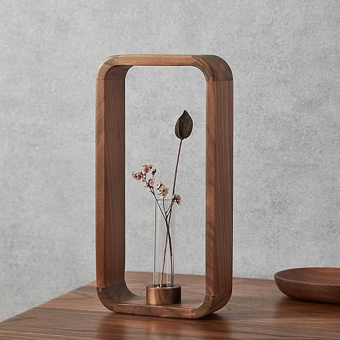 Transprent Glass Vase Test Tube Hydrophilic Plants Holder Walnut Wooden Frame Flower Stand Table Garden Bonsai Decor,Gifts for Women, Home Office Decor Planter (Big)