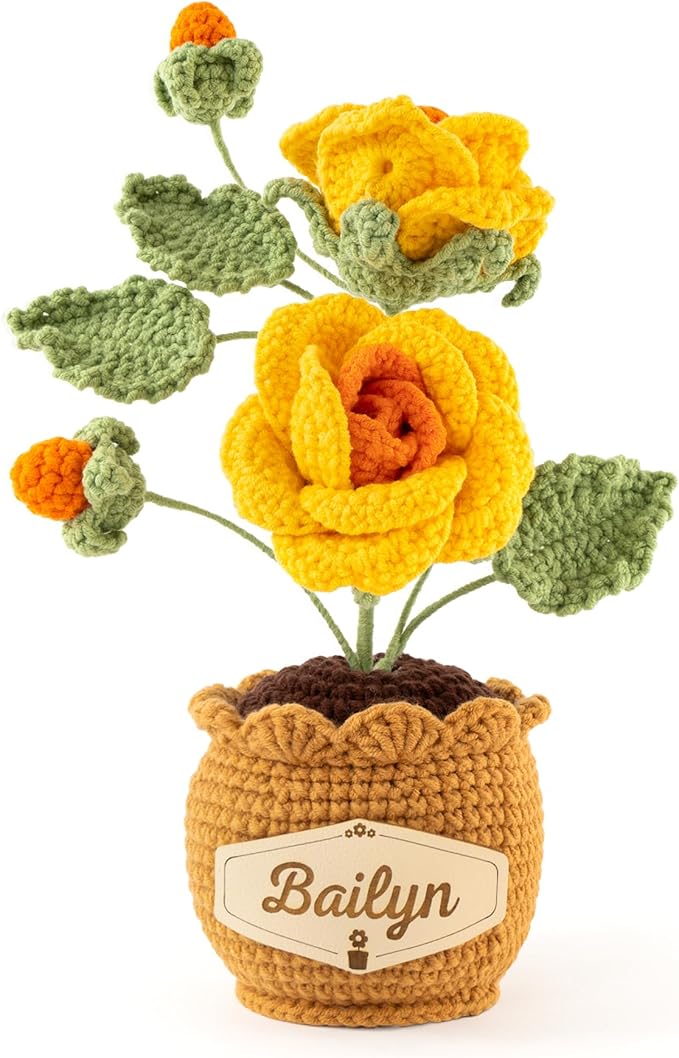 Crochet Flowers with Personalized Leather Name Tag Handmade Knitted Flowers for Home Office Desk Decor Crochet Rose Flower Potted Plant Crochet Gift for Women,Mom,Teacher, Birthday(Yellow)