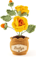 Crochet Flowers with Personalized Leather Name Tag Handmade Knitted Flowers for Home Office Desk Decor Crochet Rose Flower Potted Plant Crochet Gift for Women,Mom,Teacher, Birthday(Yellow)