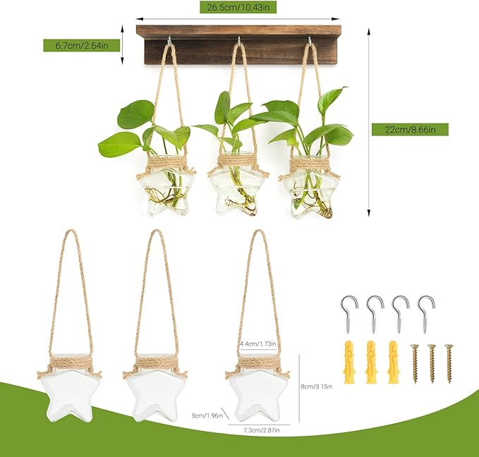 XXXFLOWER Wall Hanging Propagation Station with 3 Star-Shaped Glass Vase, Plants Propagation Stations for Hydroponics Living Room Office Decoration,Unique Gardening Gifts for Plant Lover