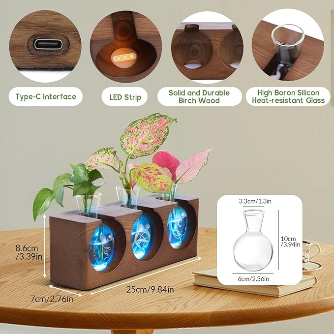 Plant Propagation Station with Wooden Stand, Plant Terrarium with 4 Mode 9-Level Adjustable LED Lights, 3 Glass Propagation Vases for Hydroponics, Propagation Tubes Unique Gifts for Women Home Decor