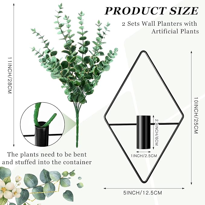 Canlierr 2 Pieces Wall Decor Hanging Planters with Artificial Plants Metal Hanging Vase Indoor Plants Holder Modern Boho Wall Art for Bathroom Bedroom Living Room Decor(Black,Eucalyptus)