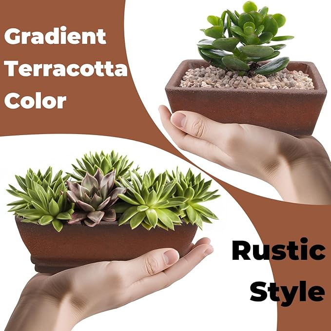 2 Pack Ceramic Bonsai Pots with Drainage Tray, 6" and 7" Unglazed Rectangle Bonsai Tree Planters, Bonsai Training Pots, Succulent Cactus Planter with Drainage Hole for Outdoor Indoor, Brown