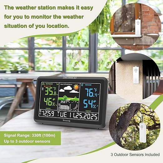 DreamSky Weather Station Indoor Outdoor Thermometer Wireless with Digital Atomic Clock for Home, Large Display with Dimmer, USB Port, Inside Outside Temperature Humidity Monitor (Plug-in)-3 Sensors