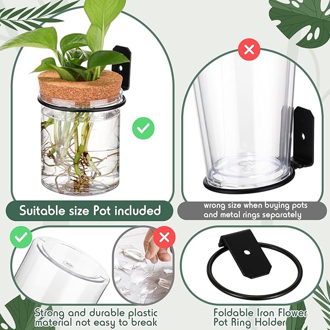 Baderke 6 Set Wall Plant Holder with Plastic Propagation Vases Hanging Planter Wall Mounted Set for Plants Growing in Water Hydroponic Artificial Plants Indoor Decor (3.54" X 4.33",Stylish)