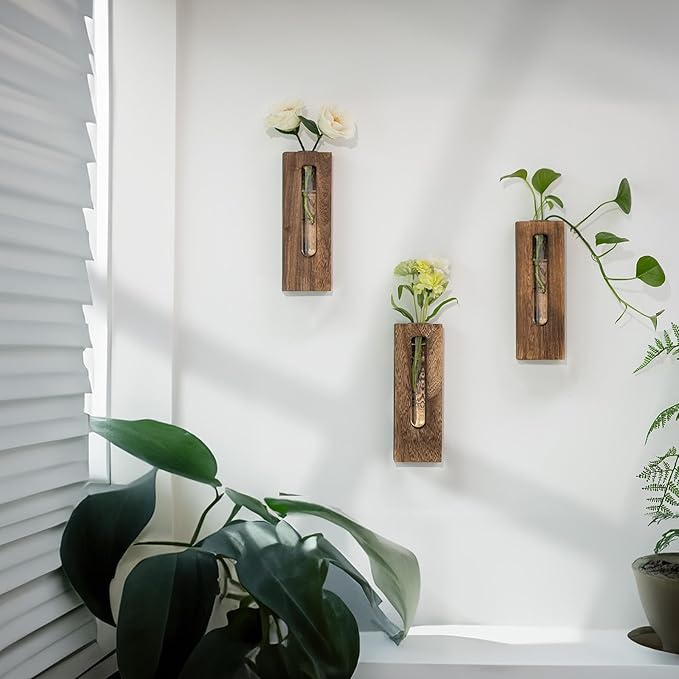 Wall Hanging Plant Propagation Station: Wood Farmhouse Wall Decor for Livingroom Kitchen - Hanging Glass Planter Tubes for Indoor Dried Flowers Eucalyptus Gifts for Women Plants Lovers