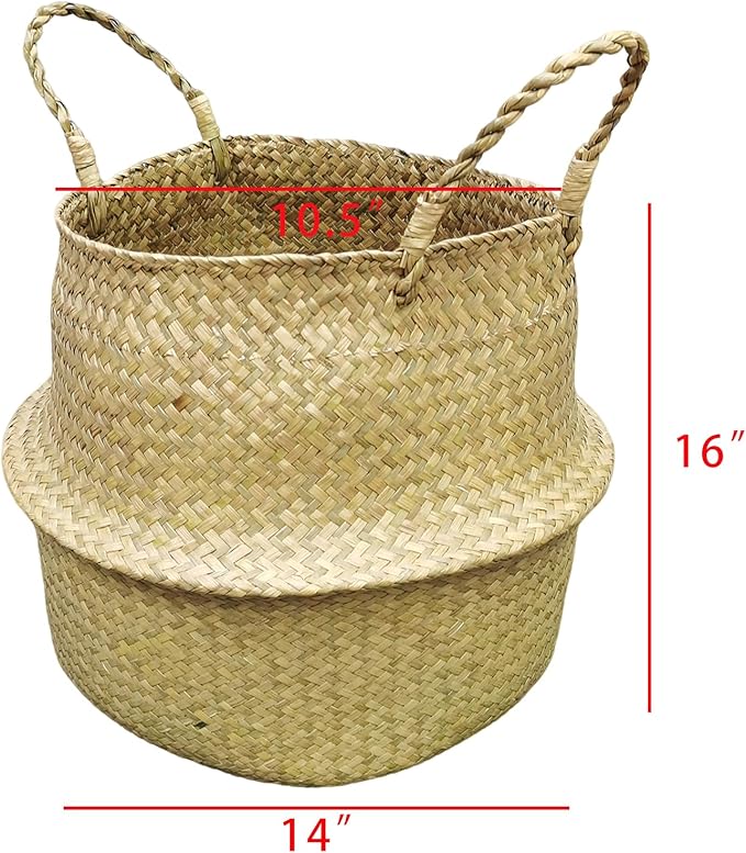 FixtureDisplays 14" x 16" x 10.5" Woven Seagrass Belly Basket Plant Basket with Handles Handmade Home Decor Basket for Storage Plants, Laundry, Picnic, Plant Pot Cover, Beach Bag and Grocery Basket