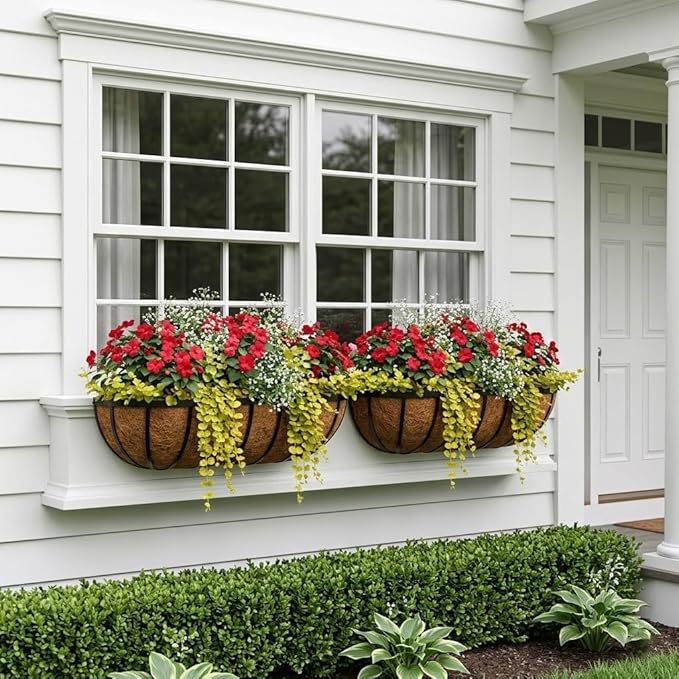 24 Inch Railing Planter Boxes with Adjustable Brackets for Hanging Outdoor Plants, Window Box Planter with Coco Liner for Balcony Deck Porch & Patio Garden Decor, 2 Pack & Black