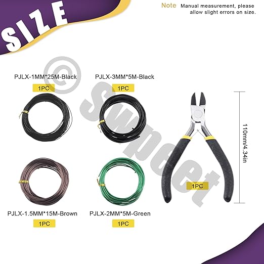 Swpeet 5Pcs 4 Sizes 1/1.5/2/ 3 mm Bonsai Training Wire 164 Feet Total with Wire Cutter, Aluminum Wire Bonsai Tool Kit, Bonsai Accessories for Bonsai Trees Indoor Garden DIY Tools