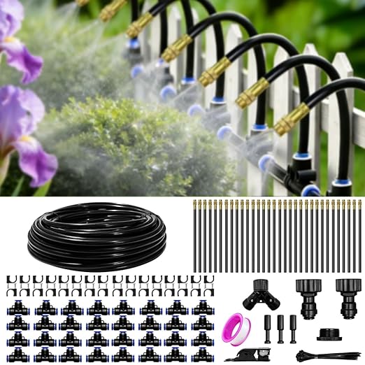 100 Ft Drip Irrigation System for Garden - Drip Irrigation Kit with 32 360°Adjustable Copper Nozzles Hose, Automatic Atomizing Plant Watering Sprinkler System for Yard, Lawn, Greenhouse, Potted