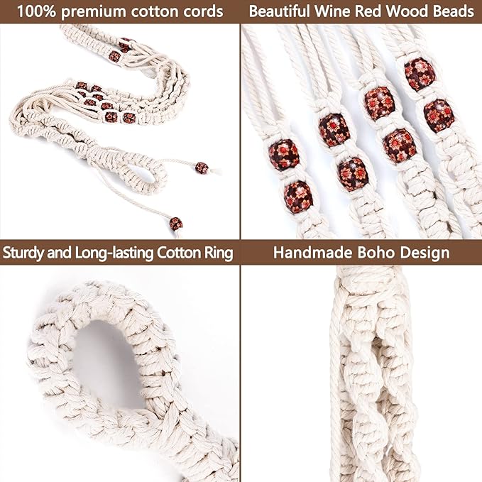 Necamocu Macrame Plant Hanger with Colored Wood Beads and 4PCS Hooks, Elegant Hanging Plant Holder for Indoor Outdoor Plants, Sturdy Hanging Planters with No Tassel, 33 Inch, Ivory, Set of 2