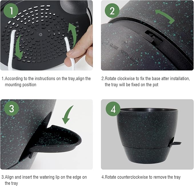 UOUZ 12 inch Large Self Watering Pots, Plastic Planters with 60oZ Removable Deep Reservoir and Multi Mesh Drainage Holes for Indoor Outdoor Garden Plants and Flowers, Black with Green Speckles