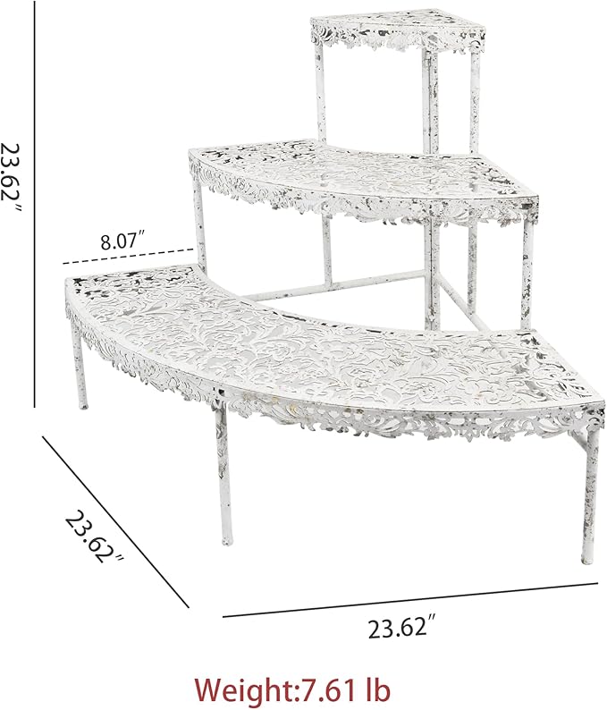 3-Tier Vintage Corner Plant Stand for Indoor Outdoor Distressed Metal Flower Pot Holder Shelves with Ornate Cutout Edges Multi-Level Planter Rack Display Corner Shelf Antique Tall Plant Shelf for Patio Porch Garden Balcony Living Room (White)
