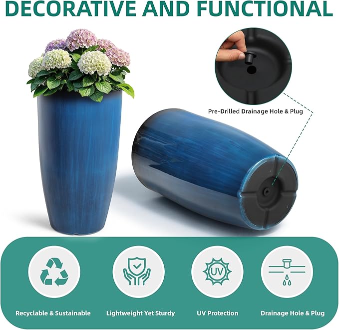 Autodaya 23.8" Tall Planters Large Set of 2 Plant Pots Plastic Flower Pots Outdoor Artistic Floating Cobalt Blue Glaze, UV-Protect & Lightweight PP Container for Garden, Patio, Deck, Porch, Indoor
