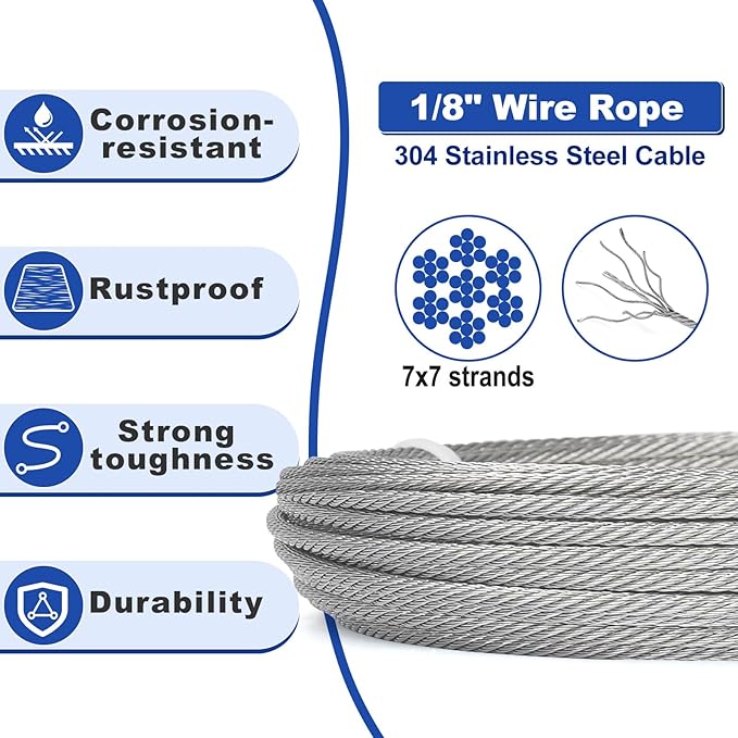 TooTaci 1/8" Wire Rope Kit, 100ft 304 Stainless Steel Cable 7×7 Strands, M6 Turnbuckles for Cables Wire, Aircraft Cable Heavy Duty with Turnbuckle Tensioner Kit for Strings Light Hanging