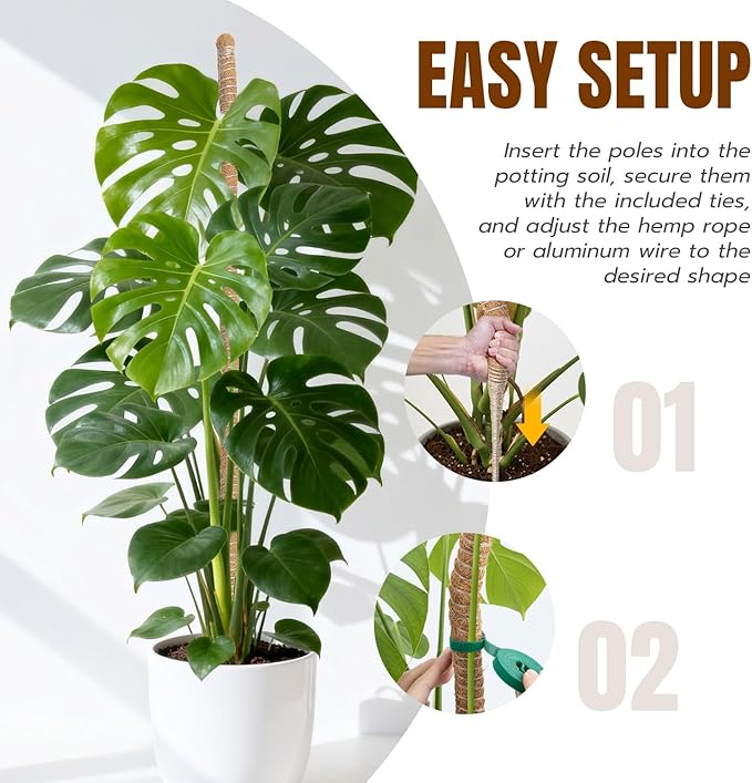 Mcbazel 2 Pack 47 Inch Bendable Moss Pole for Plants Monstera - Tall Coco Coir Plant Support Stakes for Large Indoor Climbing Plants Vines - Flexible Totem Stick Kit with Full Garden Ties
