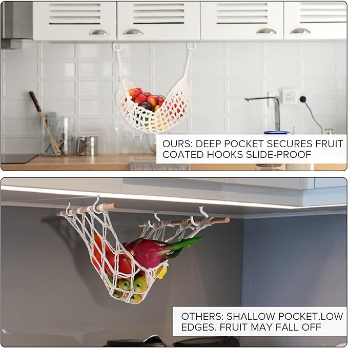 Hanging Fruit Hammock Under Cabinet Macrame Basket for Kitchen with Hooks Hand-Woven Boho Fruit Holder Net Organization Banana Basket for Home Dining Room Cabinet Decor Boat Camper Rv