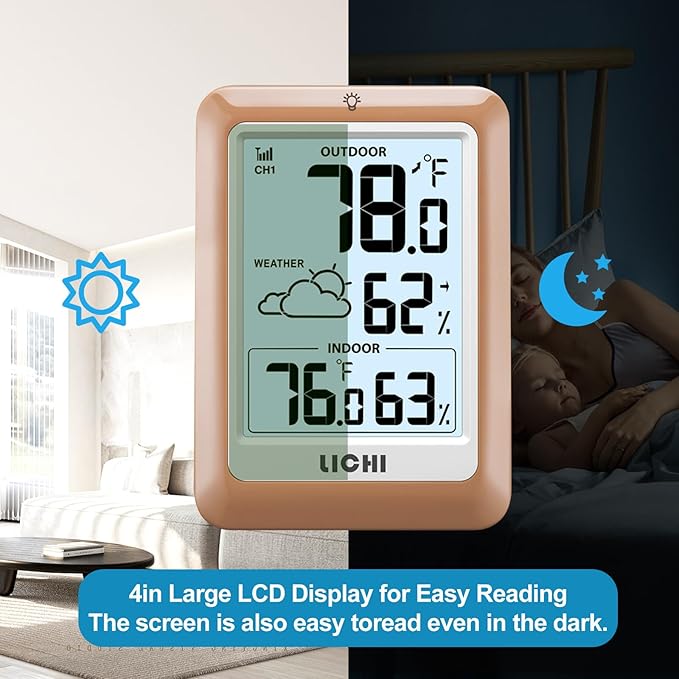 Indoor Outdoor Thermometer Wireless Weather Station, Internal External Thermometer Hygrometer, Home Batteryoperated Temperature Humiditymonitors330 Feet (About 100 Meters) Backlight Display (Khaki)