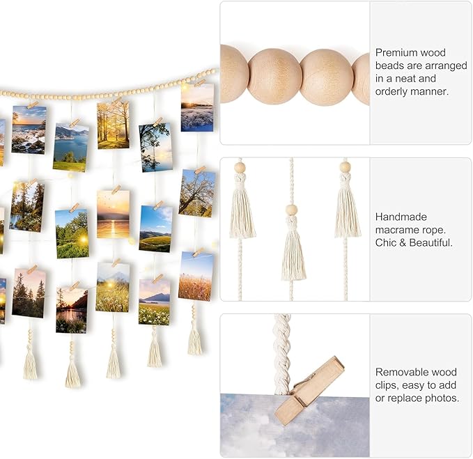 Macrame Hanging Photo Display Wall Decor，Picture Holder with 30 Clips for Bedroom Wall，Picture Christmas Card Holder with String Lights， Room Decor for Teen Girls， Christmas Card Display ,Presents for Teens