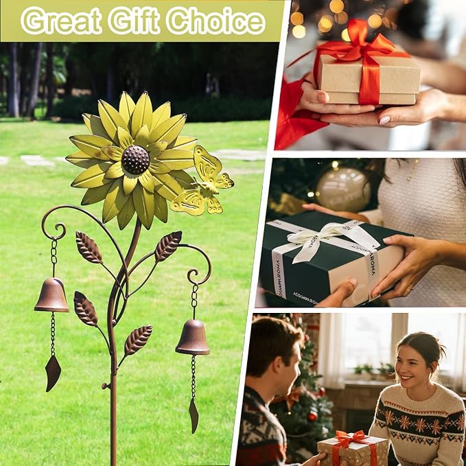HLQMFHT Sunflower Garden Stake with Bells, Decorative Garden Stakes for Garden Yard Patio Decor